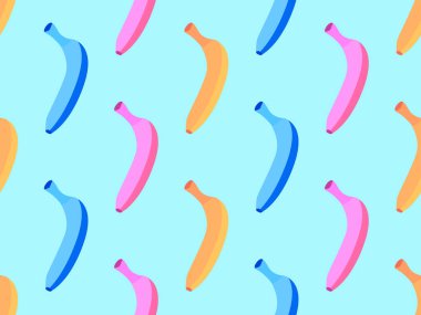 Kusursuz desenli, mavi arka planda renkli muzlar. 80 'lerin tarzında egzotik tatlı muzlar. Posterler, ambalaj kağıtları ve duvar kağıtları için tasarım. Vektör illüstrasyonu