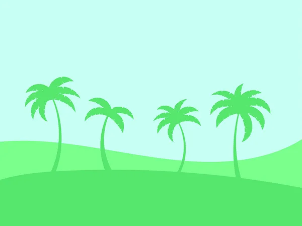 Tropisch Landschap Met Groene Palmbomen Silhouetten Van Palmbomen Groene Weiden — Stockvector