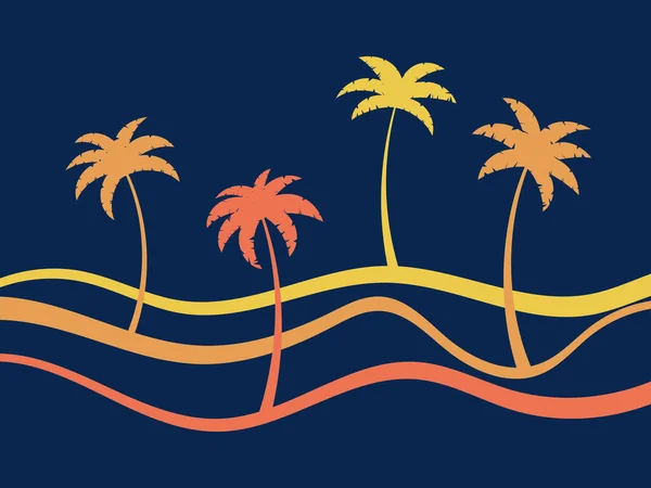 Line Landscape Outline Palm Trees Landscape Painted Stripes Retro Style — Stock Vector