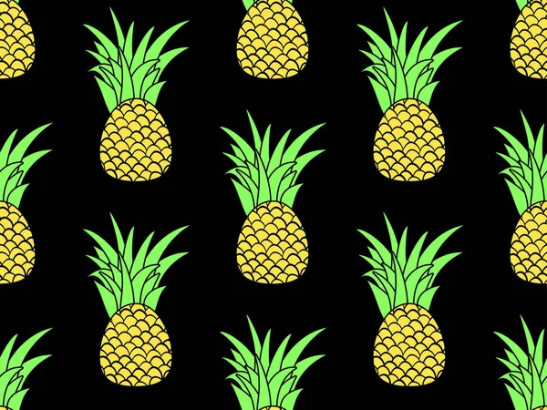 パイナップルシームレスパターン 夏の果物のパターン 黒の背景にパイナップルの果実 Tシャツ 紙や布にプリントのための熱帯デザイン ベクターイラスト — ストックベクタ