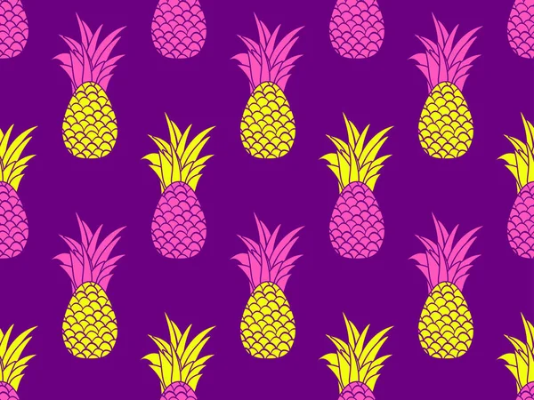 パイナップルシームレスパターン 夏の果物のパターン 紫色の背景にパイナップル果実 Tシャツ 紙や布にプリントのための熱帯デザイン ベクターイラスト — ストックベクタ