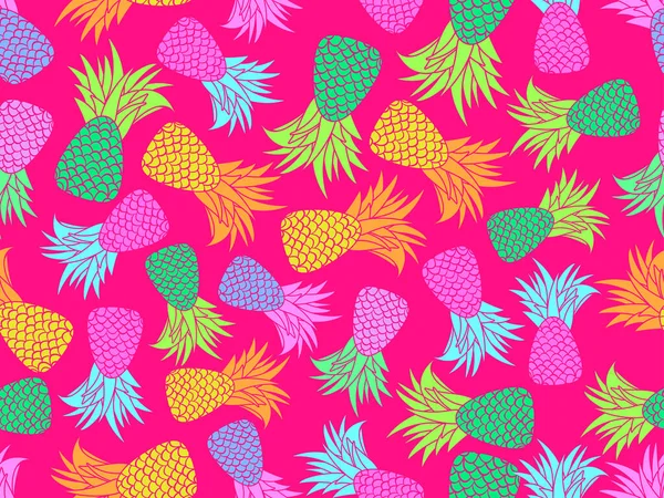 カラフルなパイナップルのシームレスなパターン 夏の果物のパターン 多色のパイナップル Tシャツのための熱帯の背景 紙や布に印刷します ベクターイラスト — ストックベクタ