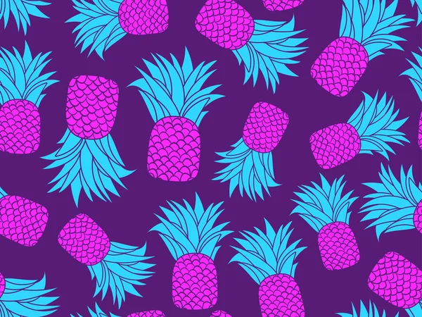 パイナップルシームレスパターン 紫パイナップル80年代スタイル Tシャツの夏の果物の背景 紙や布にプリントします ベクターイラスト — ストックベクタ