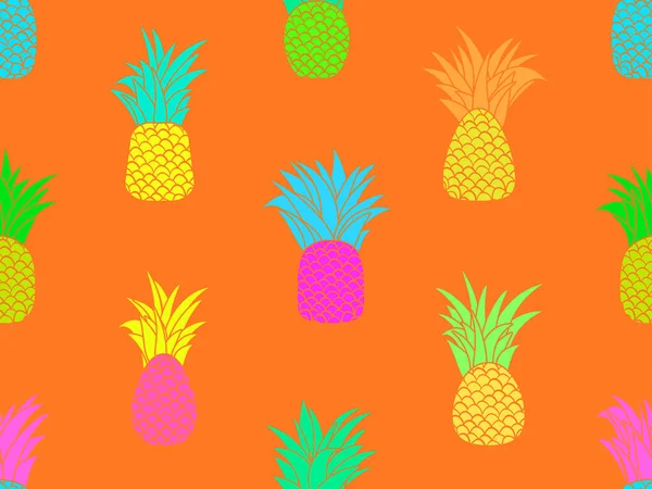 カラフルなパイナップルのシームレスなパターン 夏の果物のパターン 多色のパイナップル Tシャツのための熱帯の背景 紙や布に印刷します ベクターイラスト — ストックベクタ