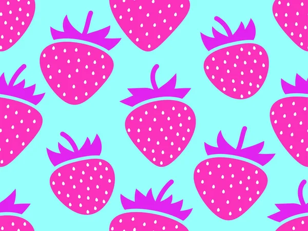 ブルーの背景にピンクのイチゴとシームレスなパターン 種入りの赤いイチゴ イチゴの甘い果実 ポスター 包装紙や壁紙のためのデザイン ベクターイラスト — ストックベクタ