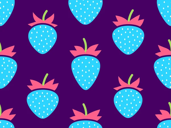 紫色の背景に青いイチゴとシームレスなパターン 種入りの赤いイチゴ イチゴの甘い果実 ポスター 包装紙や壁紙のためのデザイン ベクターイラスト — ストックベクタ