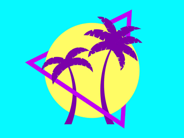 Пальмы 80-х на закате. Летнее время. Ретро футуристическое солнце. Synthwave and retmicrowave style. Дизайн рекламных брошюр, баннеров и плакатов. Векторная иллюстрация