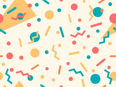 80 'lerin tarzında Memphis elementleriyle geometrik kusursuz desen. Renkli geometrik desen. Promosyon ürünleri tasarımı, ambalaj kağıdı ve baskı. Vektör illüstrasyonu