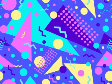 80 'lerin tarzında, geometrik şekilli, kusursuz Memphis deseni. Renkli geometrik desen. Promosyon ürünleri tasarımı, ambalaj kağıdı ve baskı. Vektör illüstrasyonu