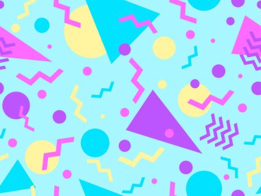 80 'lerin tarzında Memphis elementleriyle geometrik kusursuz desen. Renkli geometrik desen. Promosyon ürünleri tasarımı, ambalaj kağıdı ve baskı. Vektör illüstrasyonu