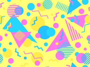 80 'lerin tarzında Memphis elementleriyle geometrik kusursuz desen. Renkli geometrik desen. Promosyon ürünleri tasarımı, ambalaj kağıdı ve baskı. Vektör illüstrasyonu