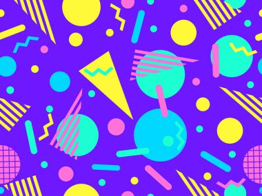 80 'lerin tarzında, geometrik şekilli, kusursuz Memphis deseni. Renkli geometrik desen. Promosyon ürünleri tasarımı, ambalaj kağıdı ve baskı. Vektör illüstrasyonu