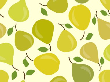 Armutsuz desen. Tek yapraklı yeşil ve sarı armutlar. Kumaş, pankart ve promosyon ürünleri üzerine baskı yapmak için tasarlandı. Vektör illüstrasyonu