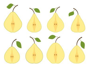 Armut seti beyaz arkaplanda izole edildi. Tek yaprakla armut yarıları. Armut ikonu koleksiyonu. Kumaş, pankart ve promosyon ürünleri üzerine baskı yapmak için tasarlandı. Vektör illüstrasyonu