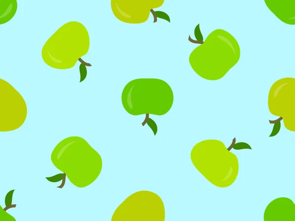 青い背景に緑のリンゴとシームレスなパターン 葉が1枚の緑色のリンゴ ファブリック バナー プロモーション製品に印刷するためのデザイン ベクターイラスト — ストックベクタ