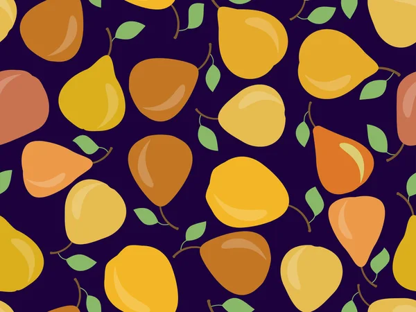 Αχλάδια Χωρίς Ραφή Μοτίβο Αχλάδι Φρούτων Ένα Φύλλο Μαύρο Φόντο — Διανυσματικό Αρχείο