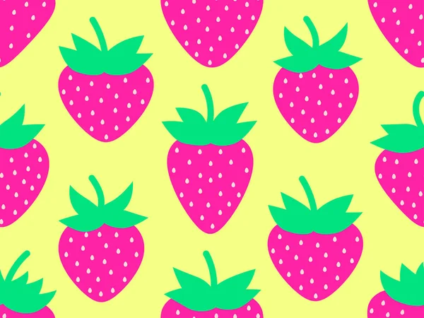黄色の背景にピンクのイチゴとシームレスなパターン 種入りの赤いイチゴ イチゴの甘い果実 ポスター 包装紙や壁紙のためのデザイン ベクターイラスト — ストックベクタ