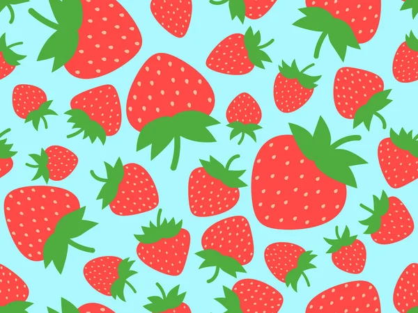 青い背景に赤いイチゴとシームレスなパターン 種入りの赤いイチゴ 緑のヒントで甘いイチゴ ポスター 包装紙や壁紙のためのデザイン ベクターイラスト — ストックベクタ