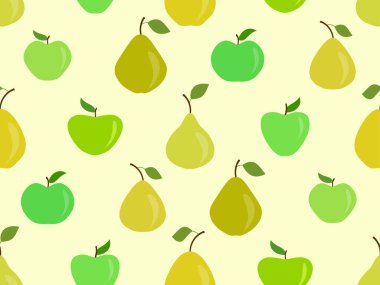 Elmalar ve armutlarla kusursuz desen. Meyveli elma ve yapraklı armut. Baskı tasarımı, afişler ve promosyon malzemeleri. Vektör illüstrasyonu