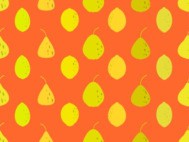 Armut ve limon pürüzsüz desen. Yaz meyvesi arka planı. Minimalist tarzda armut ve limon. Afişler, baskılar ve promosyon ürünleri için tasarım. Vektör illüstrasyonu