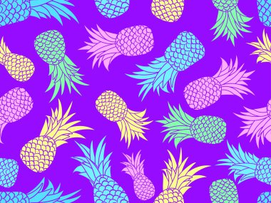 Ananaslı, pürüzsüz desen. Mor bir arka planda çok renkli ananas. Duvar kağıtlarına, ambalaj kağıdına ve afişlere basmak için yazlık tropikal meyve deseni. Vektör illüstrasyonu
