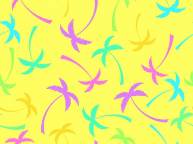 Renkli palmiye ağaçlarının siluetleriyle kusursuz bir desen. Sarı arka planda farklı renkte tropik palmiyeler. Tişört, pankart ve promosyon ürünleri için tasarım. Vektör illüstrasyonu