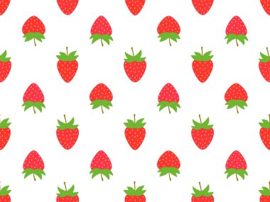 Beyaz arka planda kırmızı çilekli kusursuz desen. Çekirdekli kırmızı çilek. Çilekli tatlı böğürtlen. Posterler, ambalaj kağıtları ve duvar kağıtları için tasarım. Vektör illüstrasyonu