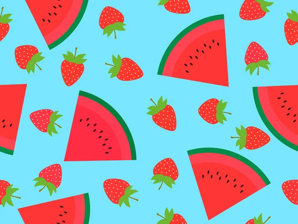 Nahtloses Muster Mit Wassermelone Und Erdbeere Wassermelonenscheiben Mit Kernen Tropischer — Stockvektor