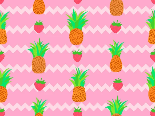 无缝隙图案 有菠萝和草莓条纹背景 背景上的条纹呈锯齿状 用于在织物 纸张和横幅上印刷的设计 矢量说明 — 图库矢量图片
