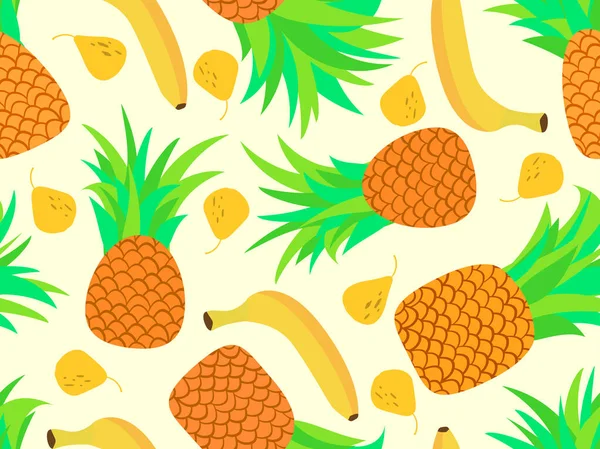 パイナップル バナナ 梨とシームレスなパターン フルーツミックス熱帯夏の背景 バナーやプロモーション材料のデザイン ベクターイラスト — ストックベクタ