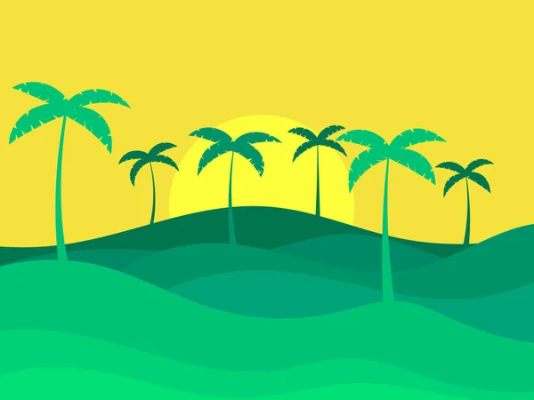 Trópusi Táj Napsütötte Pálmafákkal Pálmafák Sziluettjei Hegyekben Nyáron Reklámfüzetek Bannerek — Stock Vector