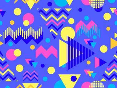 80 'lerin tarzında, geometrik şekilli, kusursuz Memphis deseni. Renkli geometrik desen. Promosyon ürünleri tasarımı, ambalaj kağıdı ve baskı. Vektör illüstrasyonu