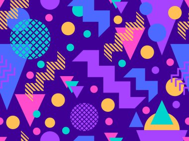80 'lerin tarzında, geometrik şekilli, kusursuz Memphis deseni. Renkli geometrik desen. Promosyon ürünleri tasarımı, ambalaj kağıdı ve baskı. Vektör illüstrasyonu