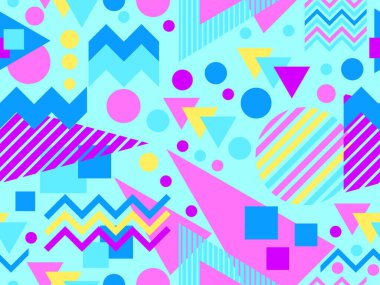 80 'lerin tarzında, geometrik şekilli, kusursuz Memphis deseni. Renkli geometrik desen. Promosyon ürünleri tasarımı, ambalaj kağıdı ve baskı. Vektör illüstrasyonu
