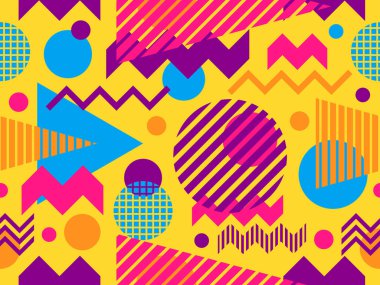 80 'lerin memphis tarzında geometrik şekilli kusursuz desen. Üçgenler, noktalar, zikzaklar ve çizgilerle renkli geometrik desen. Baskı, pankart ve duvar kağıtları için tasarım. Vektör illüstrasyonu