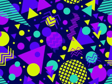 80 'lerin tarzında, geometrik şekilli, kusursuz Memphis deseni. Renkli geometrik desen. Promosyon ürünleri tasarımı, ambalaj kağıdı ve baskı. Vektör illüstrasyonu