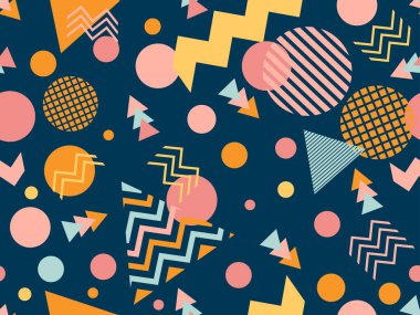80 'lerin tarzında, geometrik şekilli, kusursuz Memphis deseni. Renkli geometrik desen. Promosyon ürünleri tasarımı, ambalaj kağıdı ve baskı. Vektör illüstrasyonu