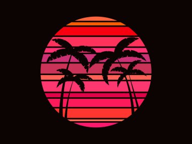 Günbatımında tropik palmiye ağaçları 80 'ler tarzında. Yaz zamanı, sentetik dalgada ve ters dalgada palmiye ağaçlarının siluetleri. Reklam broşürleri ve afişler tasarımı. vektör illüstrasyonu