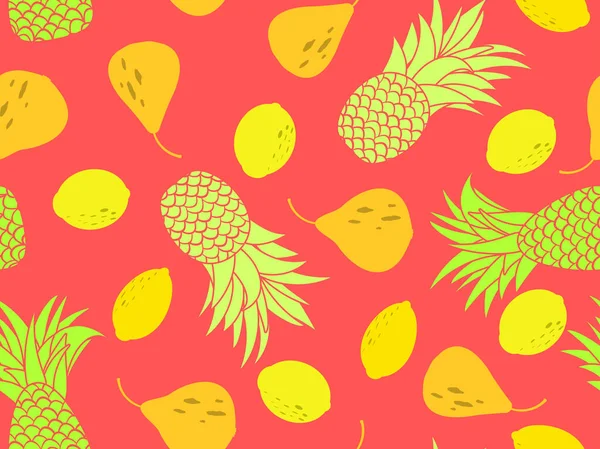 Seamless Pattern Pineapples Lemons Pears Fruit Mix Tropical Summer Background — Stock Vector