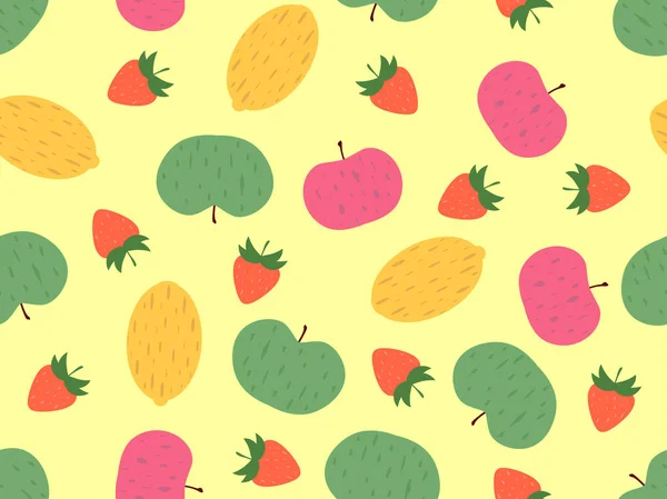 Nahtloses Muster Mit Äpfeln Erdbeeren Und Zitronen Auf Gelbem Hintergrund — Stockvektor