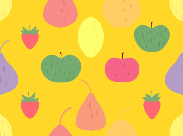 Безшовний Візерунок Яблуками Полуницею Лимонами Грушею Жовтому Тлі Літній Фруктовий — стоковий вектор