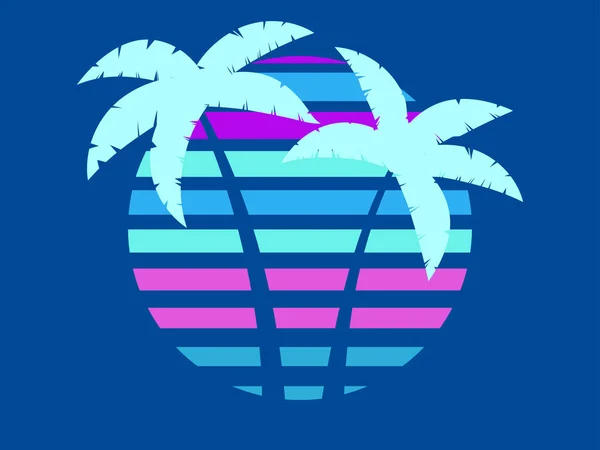 在80年代的背景下 两棵棕榈树在蓝色的背景下隔绝在一起 用于印刷广告小册子 横幅和海报的设计 矢量说明 — 图库矢量图片
