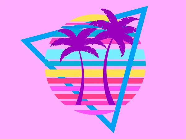 ピンクの背景に隔離された三角形のフレームで80年代のスタイルで日没時のヤシの木 異なる色の縞模様とレトロストライプの太陽 バナーやポスターのデザイン ベクターイラスト — ストックベクタ