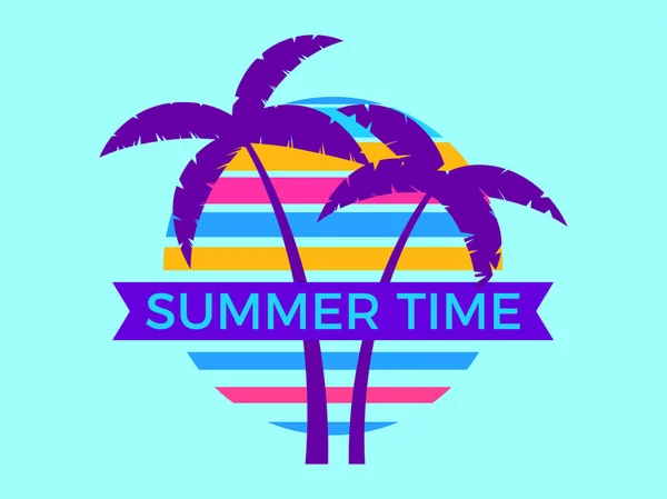 在80年代风格的复古太阳背景下 两棵棕榈树的轮廓 夏天的文字在带子上 用于印刷广告小册子 横幅和海报的设计 矢量说明 — 图库矢量图片
