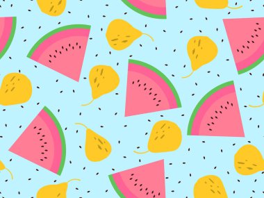 Karpuz ve armut aromalı pürüzsüz desenli dağınık tohumlar. Çekirdekli bir karpuz dilimi. Duvar kağıdı tasarımı, kağıt baskı, promosyon malzemeleri. Vektör illüstrasyonu