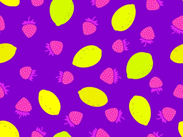レモンのシームレスなパターンのイチゴ 紫の背景にレモンとイチゴ 夏のフルーツミックスをミニマルなスタイルで Wrapperデザイン 紙に印刷 バナー ベクターイラスト — ストックベクタ