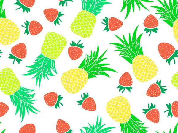 水果无缝图案 菠萝和草莓白色背景 夏天水果以简约的风格混合 包装纸 横幅和海报的设计 矢量说明 — 图库矢量图片