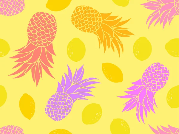 Nahtloses Muster Mit Ananas Und Zitronen Auf Gelbem Hintergrund Fruchtmix — Stockvektor