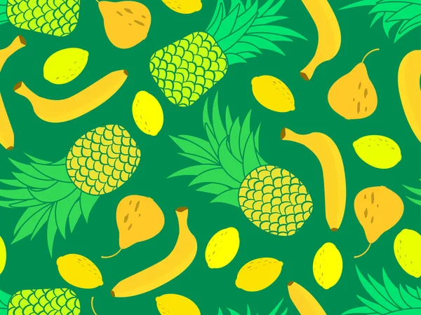 Seamless Pattern Pineapples Bananas Lemons Fruit Mix Tropical Summer Background — Stock Vector