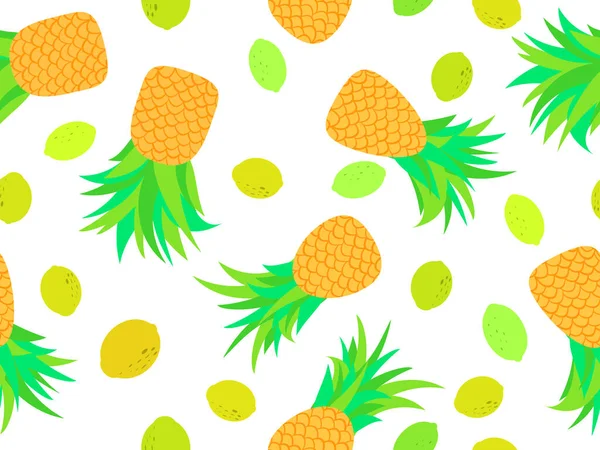 无缝图案 菠萝和柠檬白色背景 夏天水果以简约的风格混合 包装纸 横幅和海报的设计 矢量说明 — 图库矢量图片
